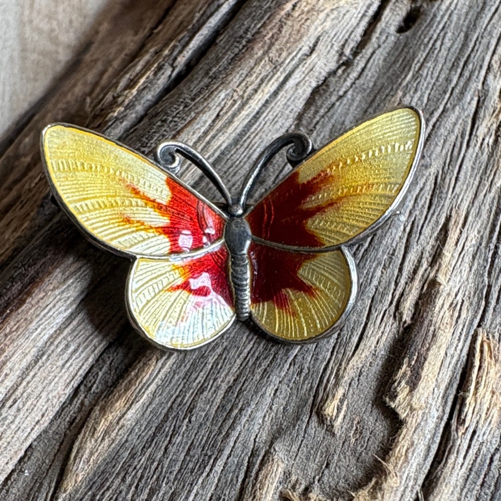 Vintage Norway 925S Sterling Guilloche Enamel Butterfly Brooch